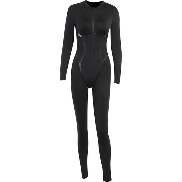 Zip-up PU long sleeve high neck solid jumpsuit y2k 90s Revival Techno Fashion