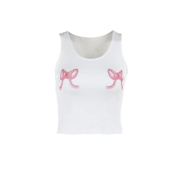 Bowknot pattern ribbed u neck contrast tank top