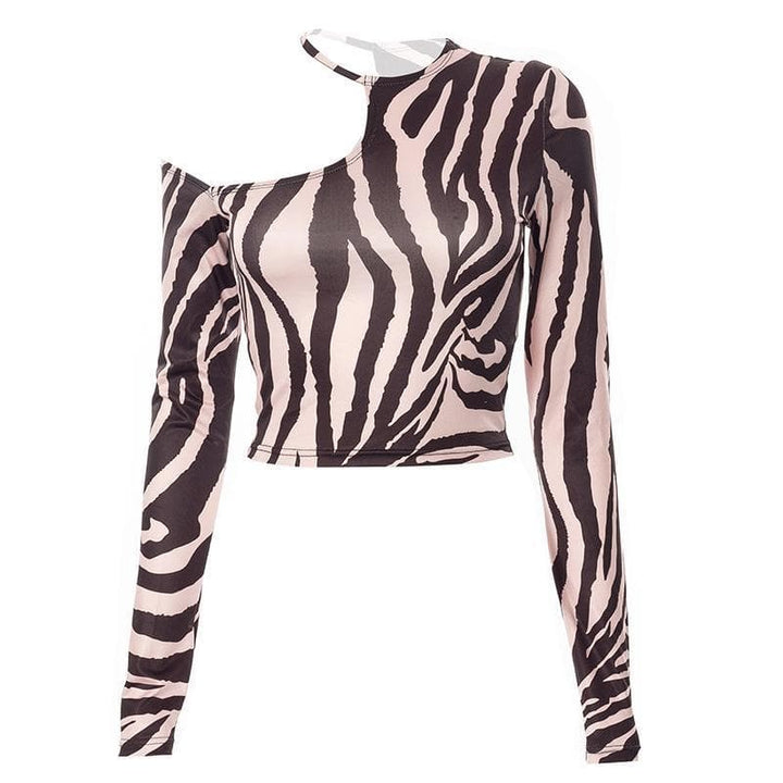 Long sleeve off shoulder zebra print crop top - Halibuy