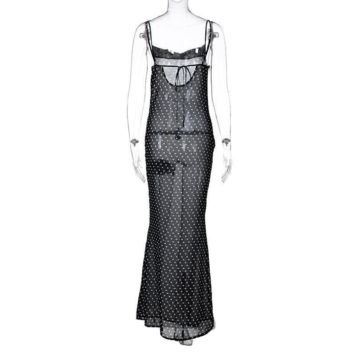 Cowl neck polka dot mesh see through maxi dress - Halibuy