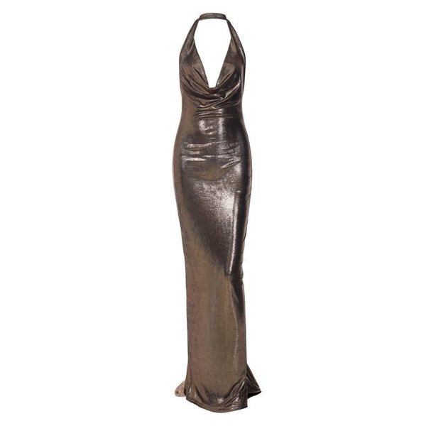 Metallic cowl neck ruched halter backless maxi dress