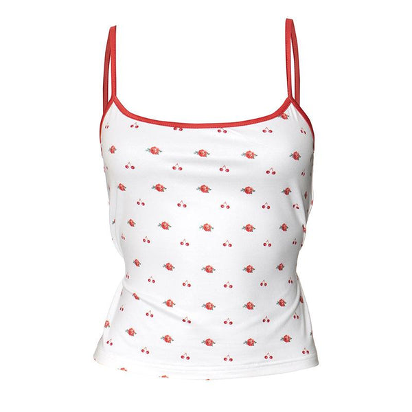 Self tie u neck cherry print contrast backless cami top