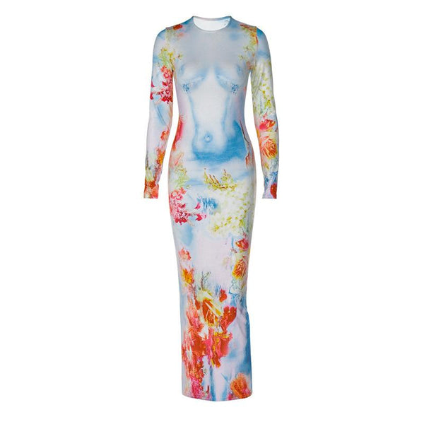 Long sleeve crewneck flower print contrast maxi dress