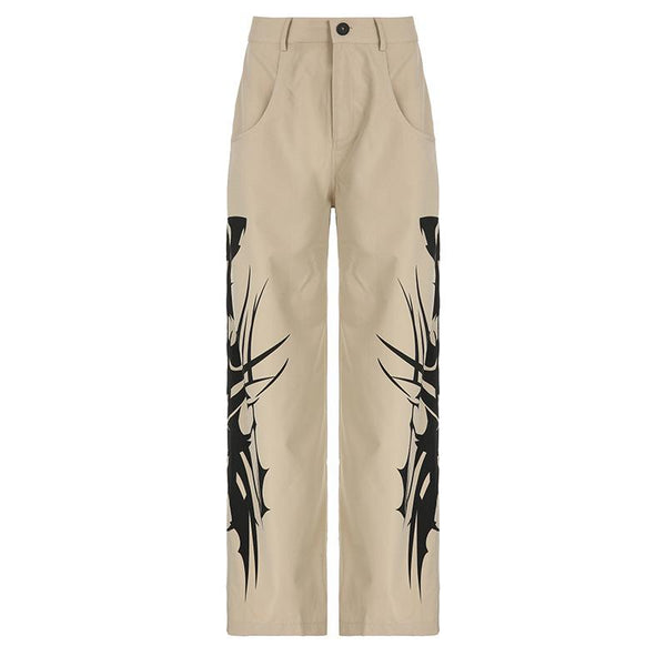 Pantalón abstracto de pierna recta con contraste de bolsillo con botones de talle alto grunge 90s streetwear desaliñado moda chic grunge 90s streetwear moda desgastada 