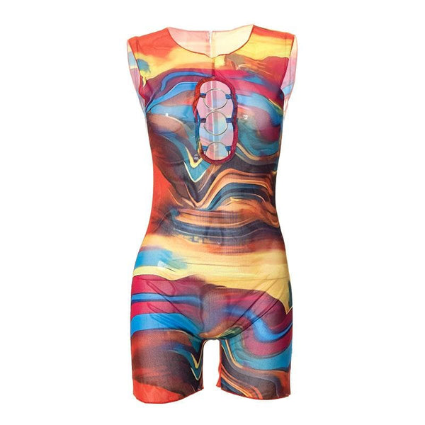 O ring hollow out contrast sheer mesh print zip-up sleeveless romper cyberpunk Sci-Fi Fashion