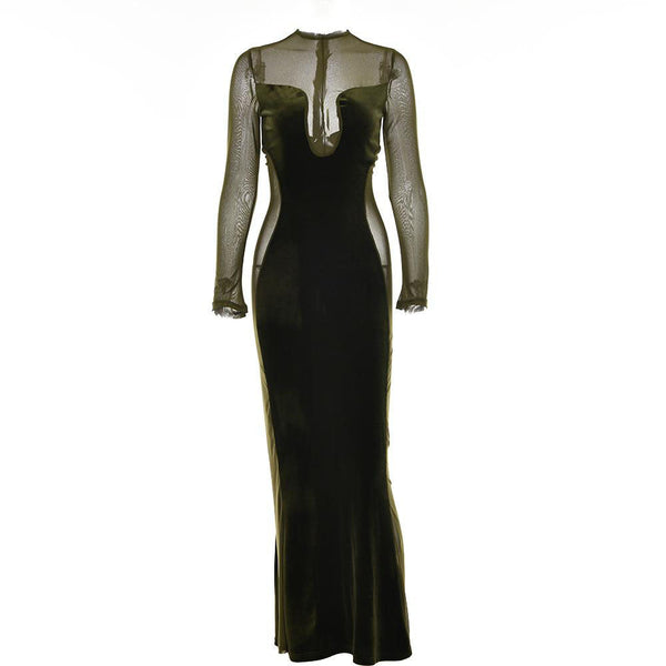 Long sleeve velvet mesh solid zip-up maxi dress