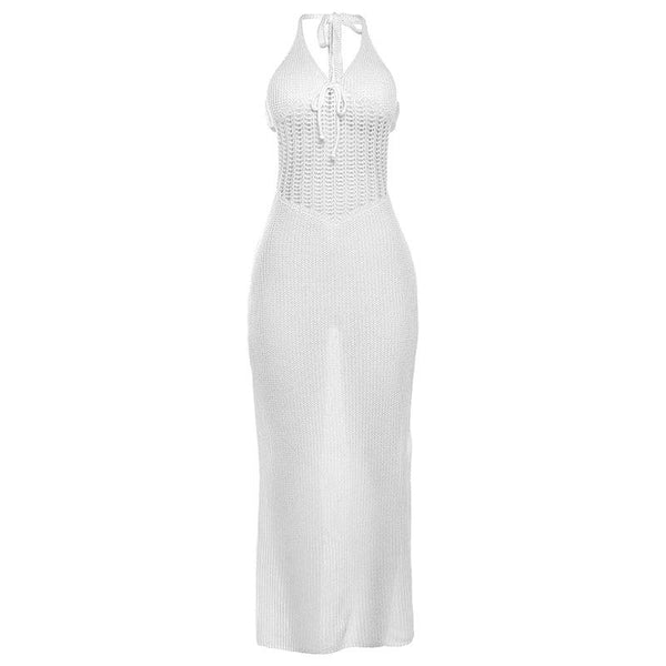 Knitted hollow out see through halter maxi dress