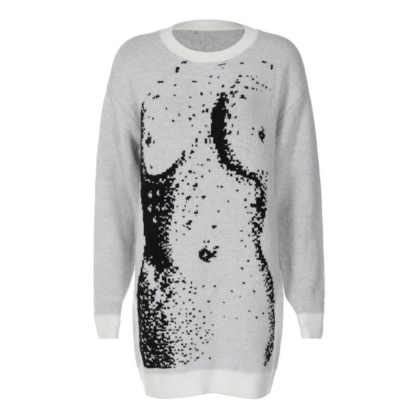 Knitted long sleeve body print contrast top