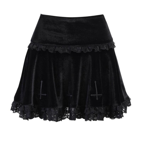 Solid A line lace hem spider web pattern mini skirt y2k 90s Revival Techno Fashion