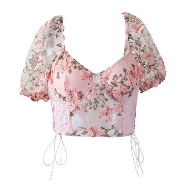 Butterfly embroidery drawstring mesh lace up bustier crop top fairycore Ethereal Fashion