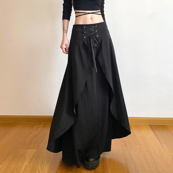 Solid lace up patchwork zip-up low rise maxi skirt y2k 90s Revival Techno Fashion