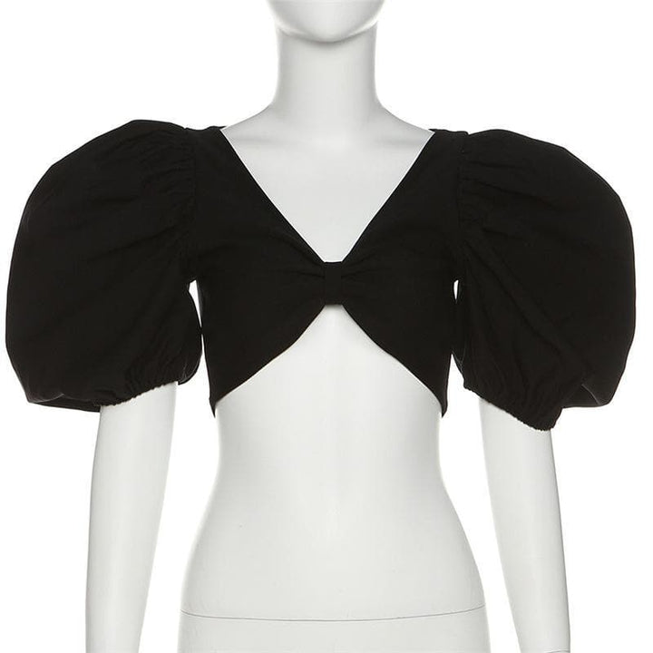 Short puff sleeve v neck solid crop top - Halibuy