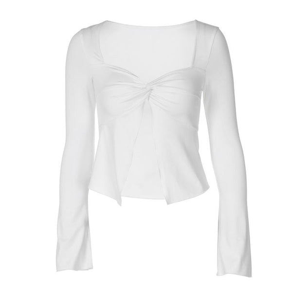 Long sleeve ruched sweetheart neck slit crop top