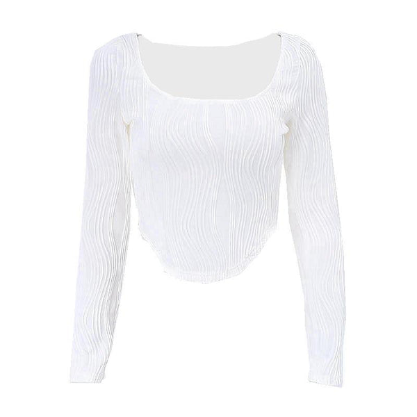 Textured u neck solid long sleeve corset crop top y2k 90s Revival Techno Fashion