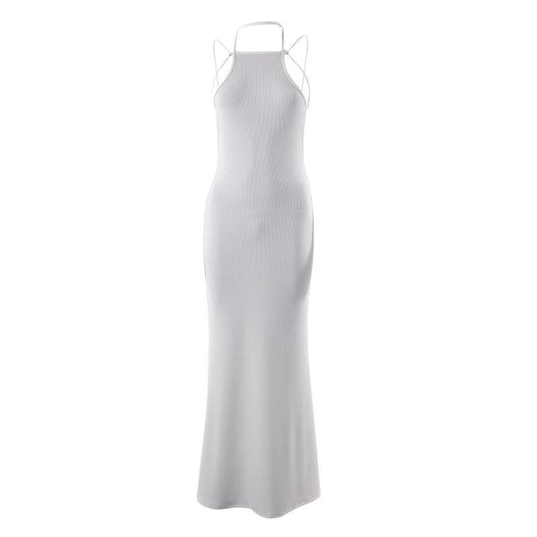 Ribbed halter self tie solid backless sleeveless maxi dress