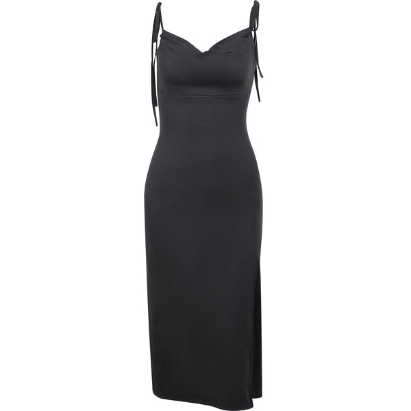 Cowl neck solid slit backless self tie ruched midi dress