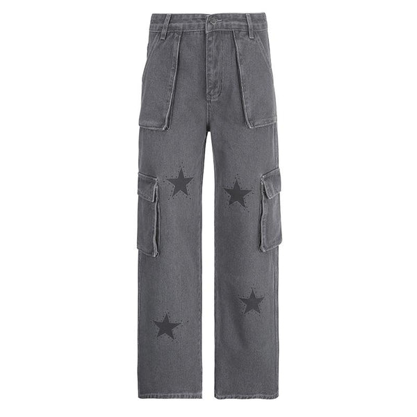 Contrast denim star pattern zip-up pocket jeans grunge 90s Streetwear Disheveled Chic Fashion grunge 90s Streetwear Distressed Fashion