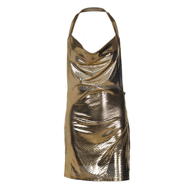 Halter cowl neck metallic high slit backless mini dress