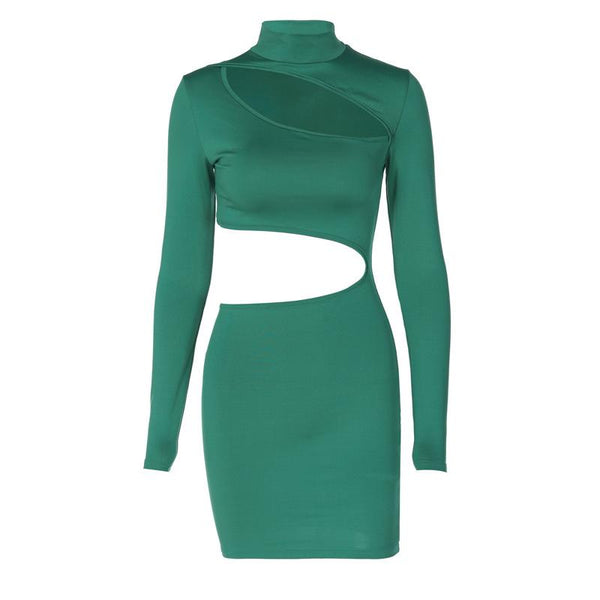 Long sleeve high neck hollow out irregular solid mini dress