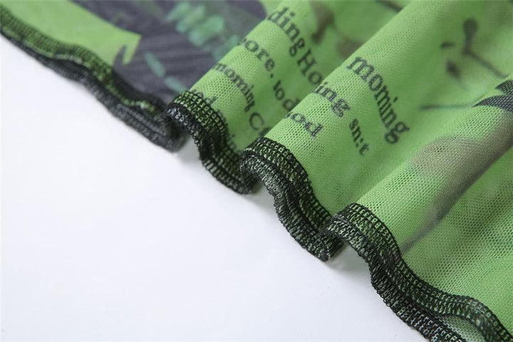 Print mesh see-through ruffled flared sleeve top - Halibuy