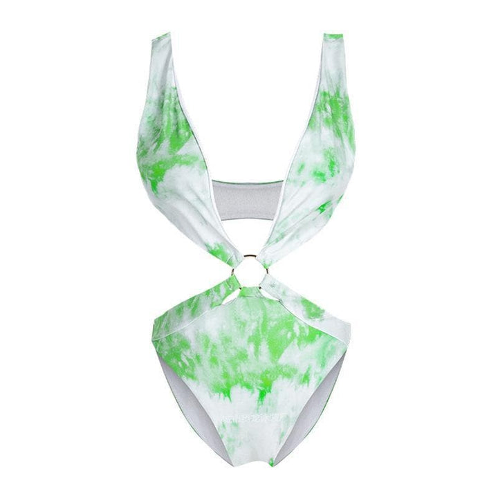 V neck hollow out tie dyed swimwear bikini - Halibuy