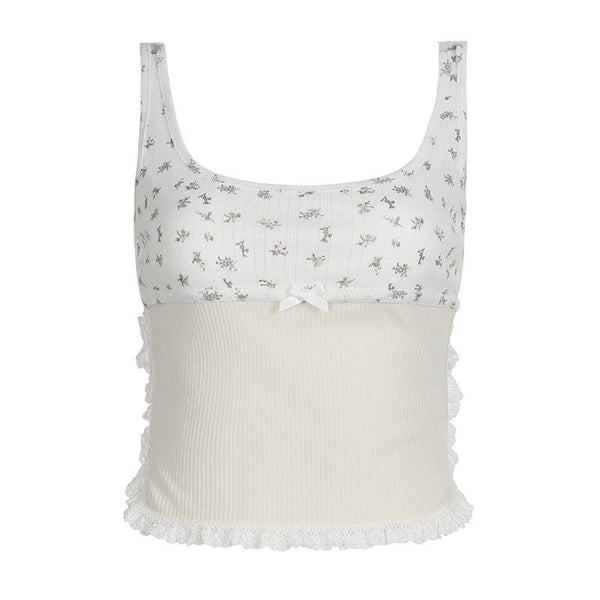 Flower print lace hem contrast sleeveless square neck top