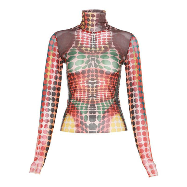Sheer mesh see through polka dot high neck long sleeve contrast top cyberpunk Sci-Fi Fashion
