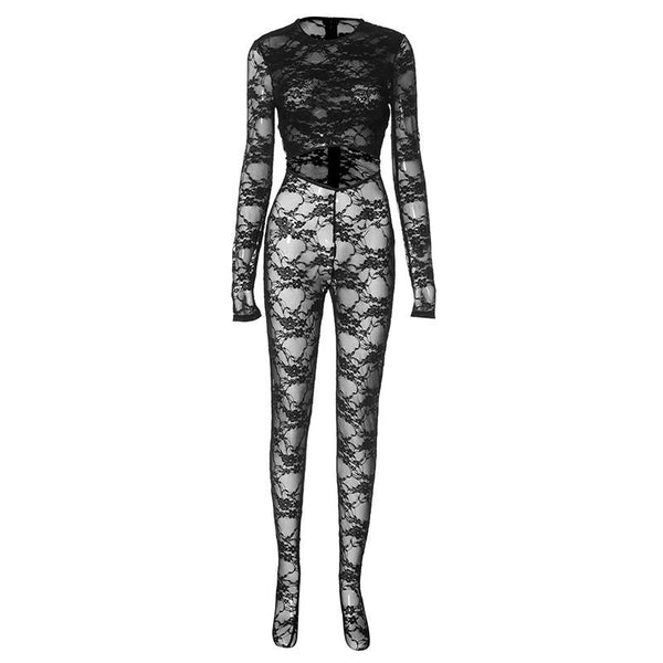 Long sleeve crewneck lace see through zip-up jumpsuit