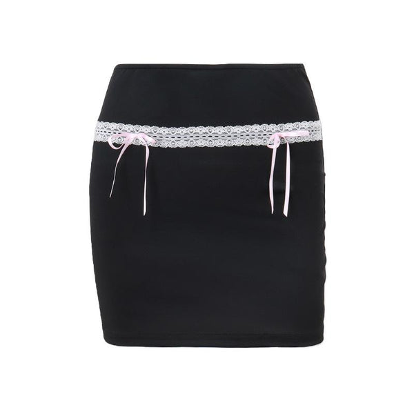 Bowknot lace hem ribbon A line contrast mini skirt