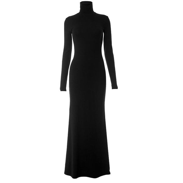 High neck long sleeve solid maxi dress