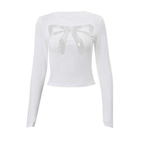 Long sleeve bowknot pattern lace mesh patchwork crewneck top