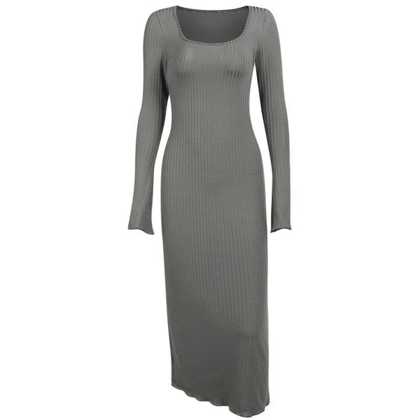 Ribbed long flared sleeve solid square neck ruffle maxi dress