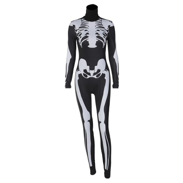 Skull pattern contrast high neck long sleeve jumpsuit