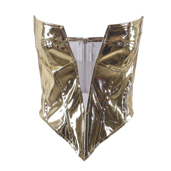 Metallic v neck zip-up low cut backless corset tube top y2k 90s Revival Techno Fashion