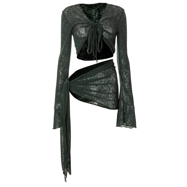 Sheer mesh see through v neck knotted irregular long sleeve skirt set y2k 90s Revival Techno Fashion