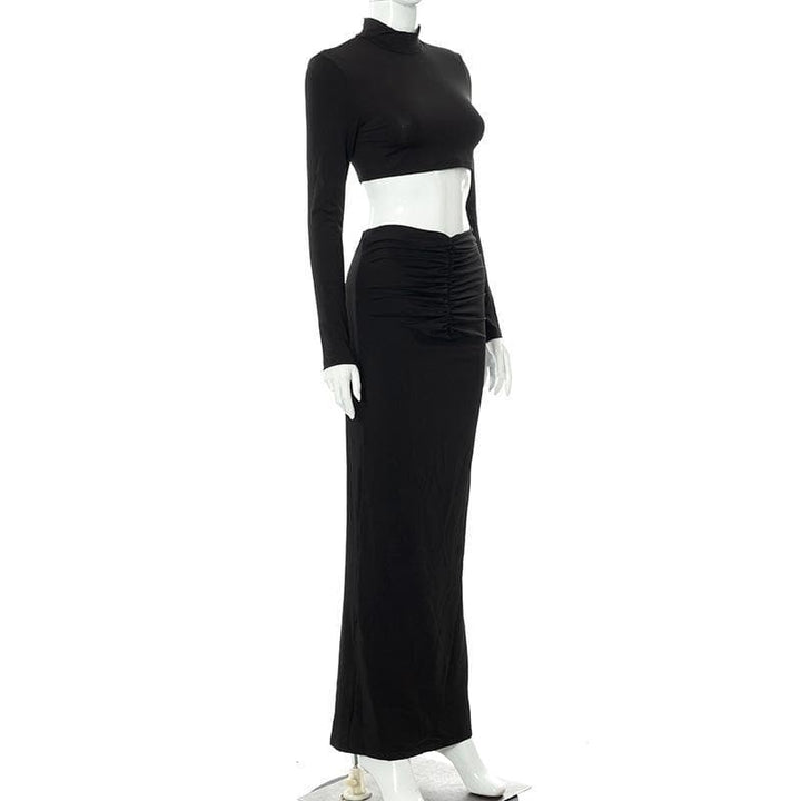 High neck long sleeve ruched solid maxi skirt set - Halibuy