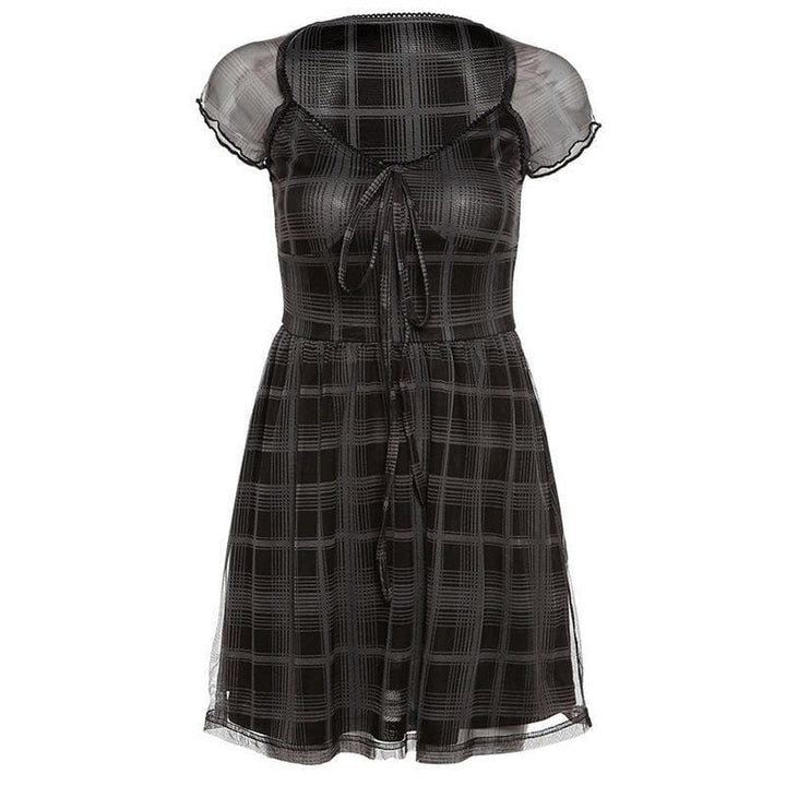 Mesh short sleeve plaid A line ruffled dress - Halibuy