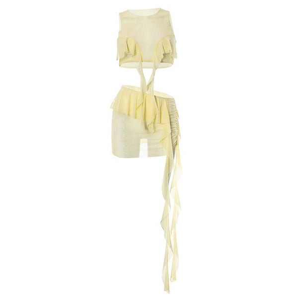 Conjunto de minifalda sin mangas con cinta y volantes de malla transparente transparente 