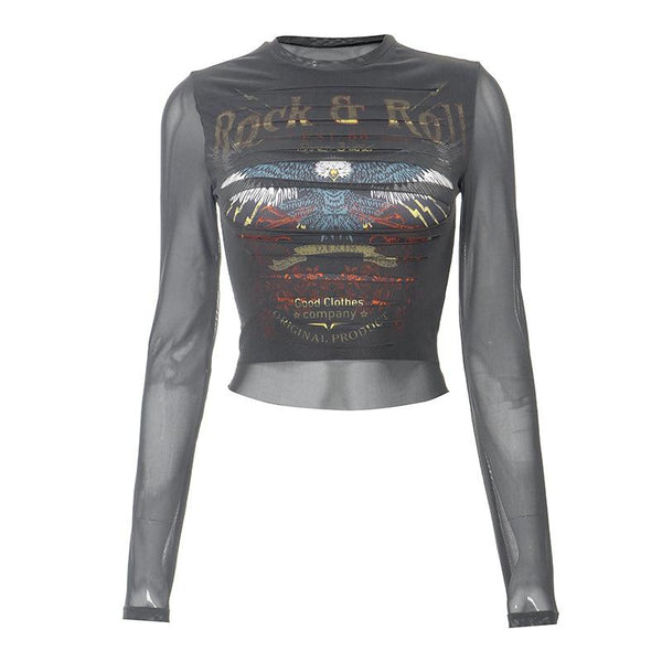 Long sleeve crewneck eagle print mesh top