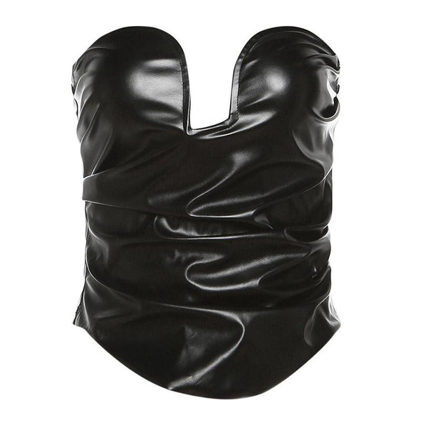 PU leather ruched sweetheart neck solid tube top