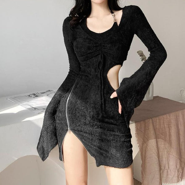 Textured zip-up drawstring hollow out halter long sleeve 2 piece mini dress