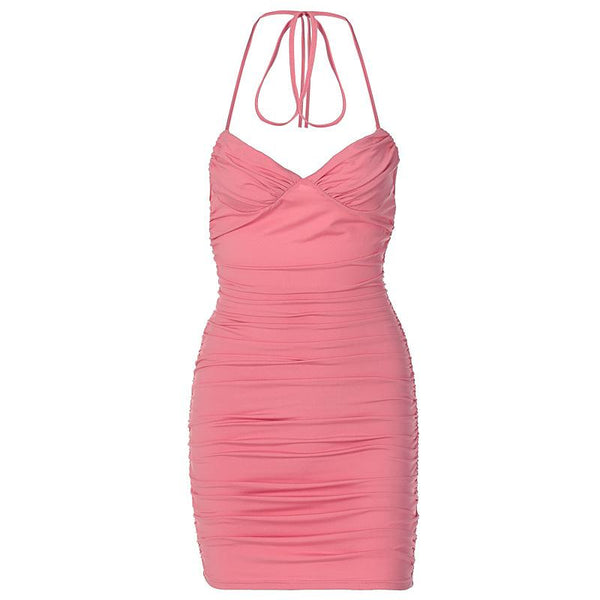 Sleeveless solid halter ruched backless self tie mini dress