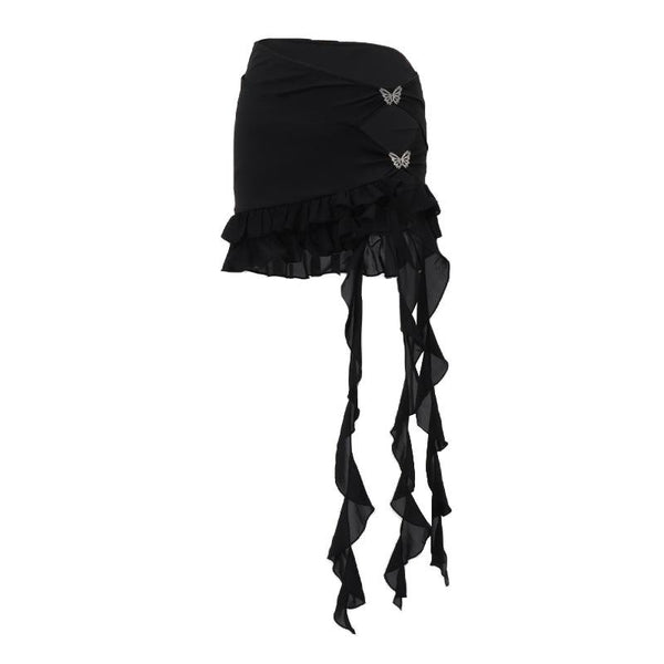 Minifalda gótica con volante liso y apliques de mariposa, cinta calada Irregular, moda Emo Darkwave 