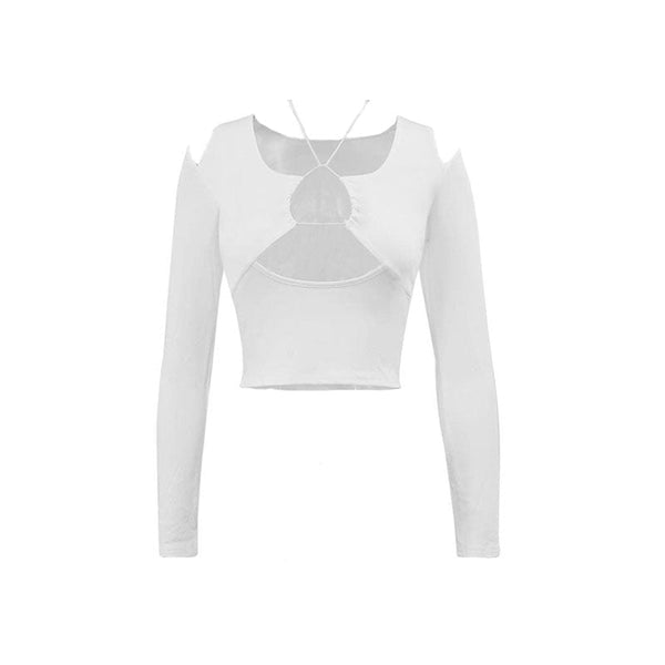 Hollow out solid long sleeve drawstring ruched off shoulder crop top y2k 90s Revival Techno Fashion